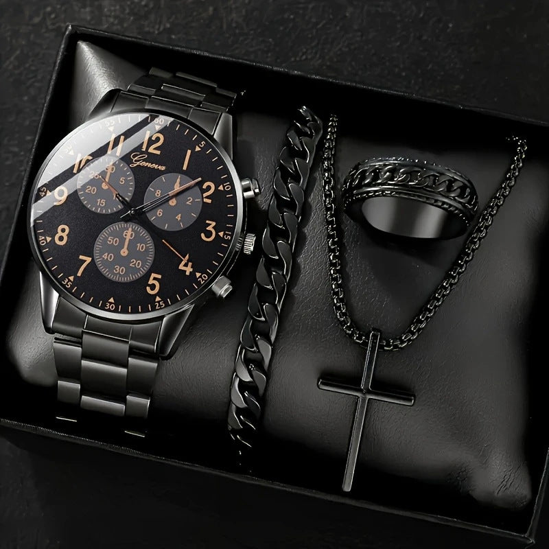 Mens Quartz Watch Necklace Bracelet And Ring 4-Piece Set