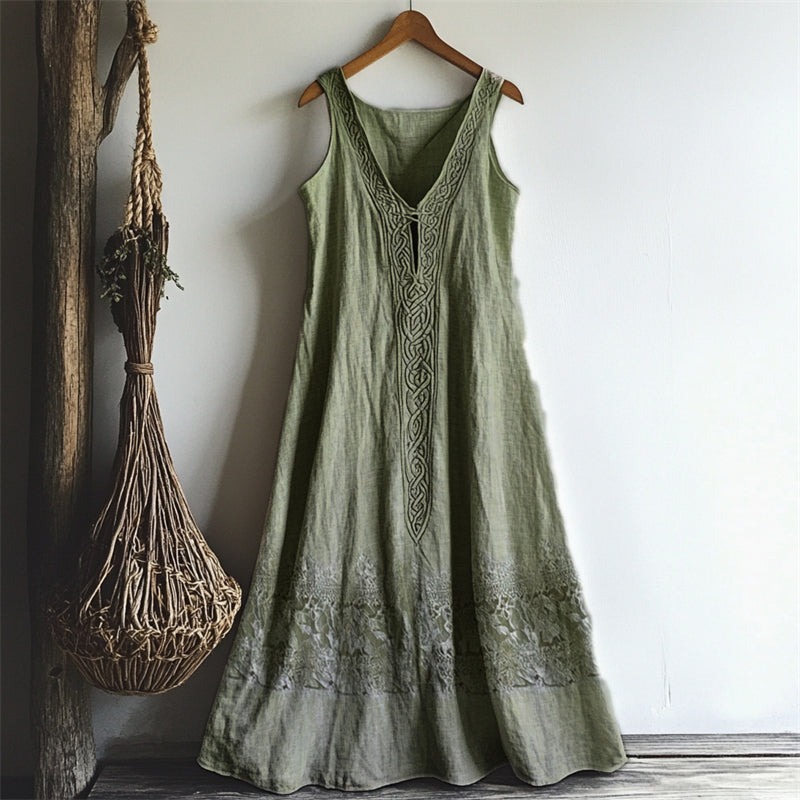 Womens Retro Bohemian Rose-Embroidered Linen Loose Sleeveless  Dress