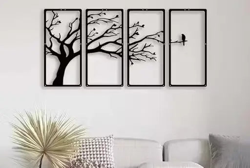 4 Panel Wooden Wall Art – Tree & Bird Design